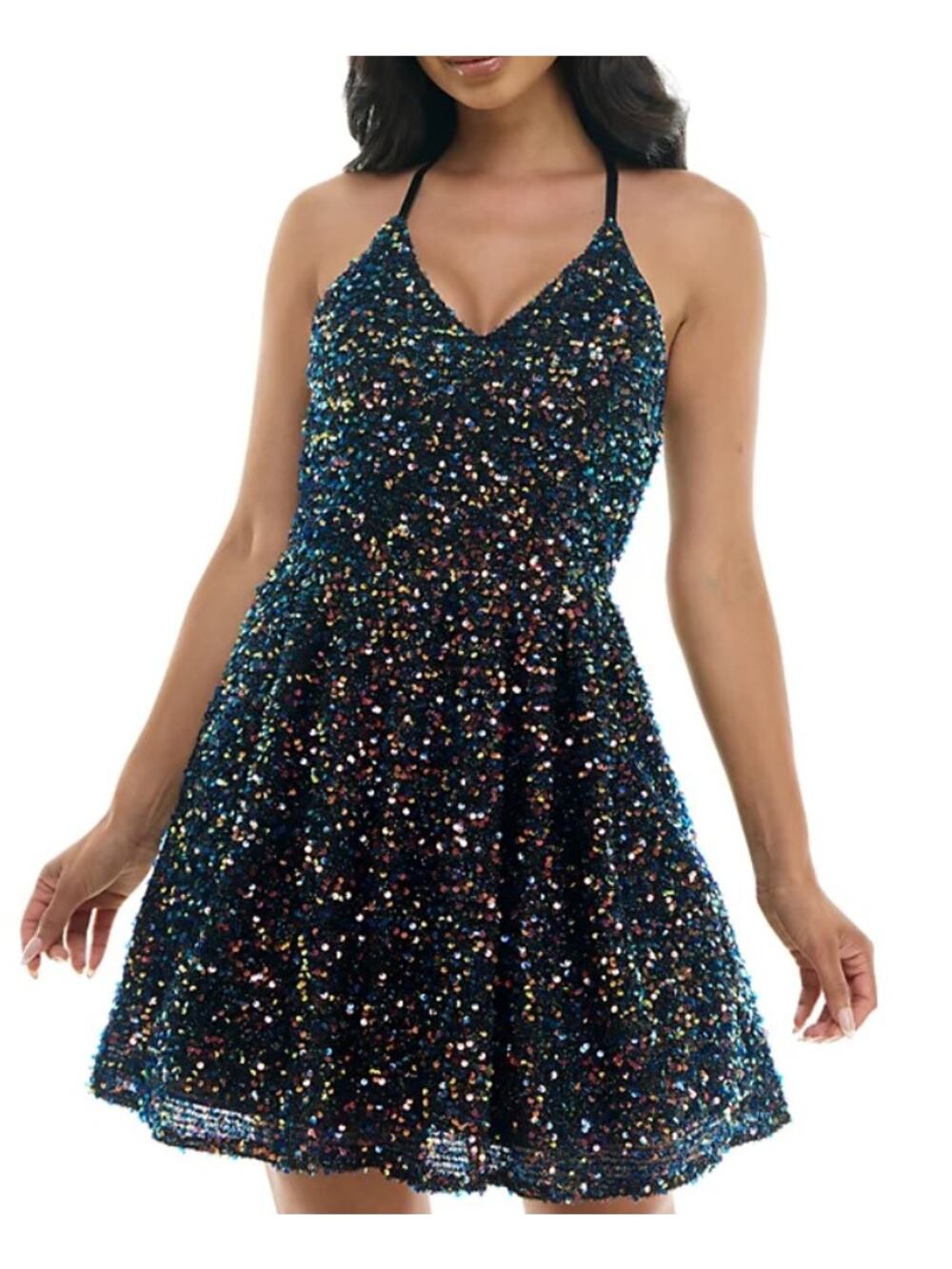 BCX (Macy's) Sequined V-Neck Crisscrossed Fit and Flare Dress Junior Size 3 GLAM